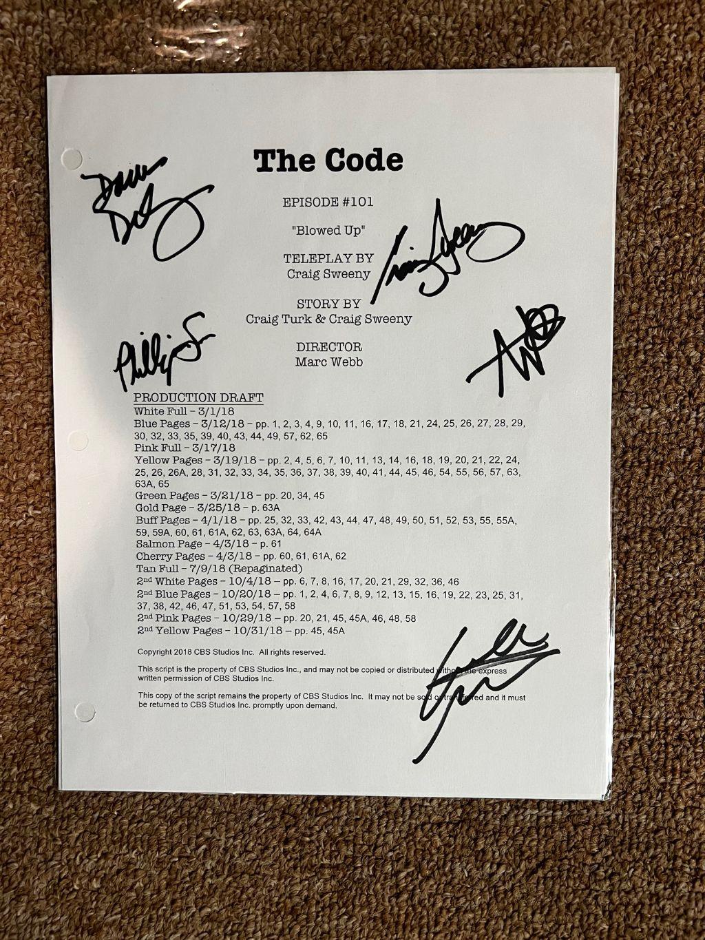 The Code TV Show Signed Cover Page Script