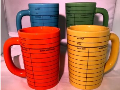 Set of 4 Ceramic Library Card Coffee Mugs
