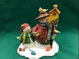 Snowman Figurine with Holly and Birds