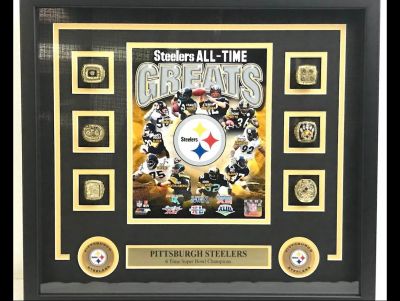 Steelers 6X Super Bowl Champs Photo Shadow Box Framed w/Deluxe Replica SB Rings