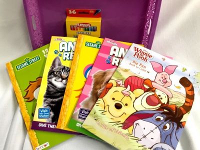Five kids coloring books and box of crayons