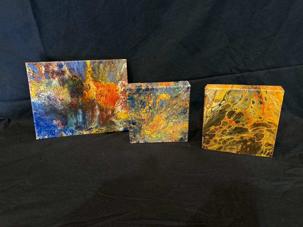 Acrylic Pour in Orange, Blue to Brown by Julie Bisho...