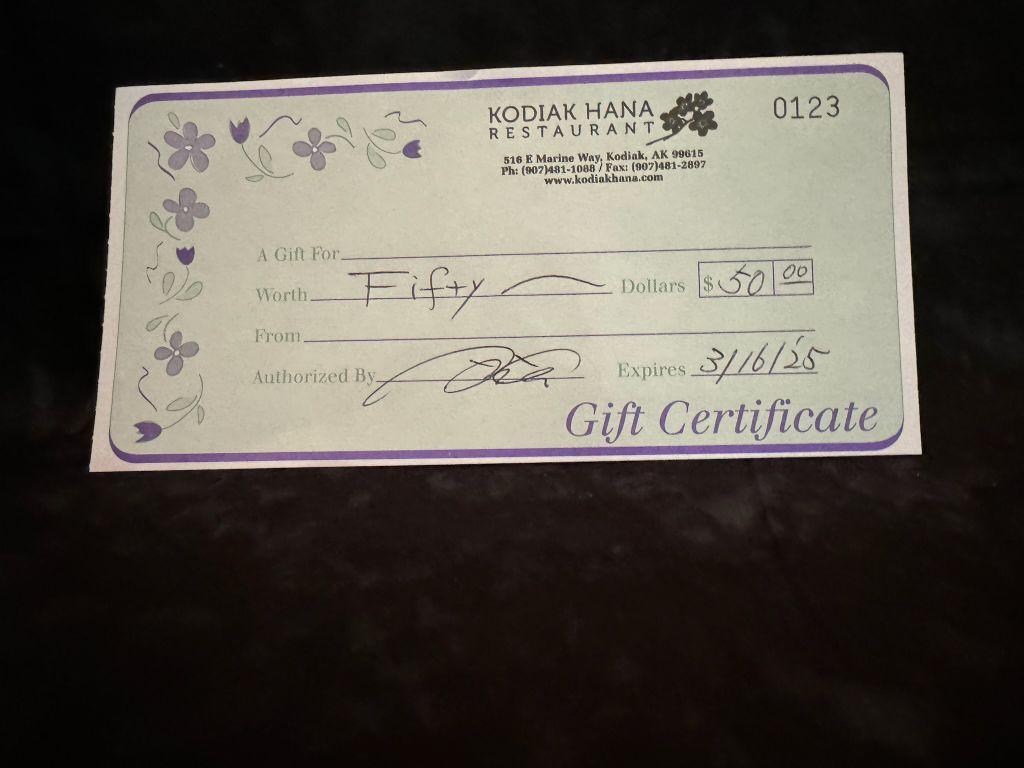 Kodiak Hana Resturant Gift Certificate