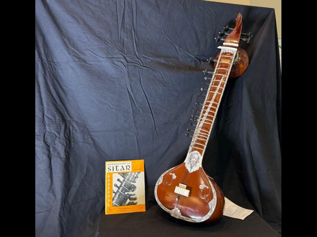 Indian Sitar with Inlaid Ivory and instruction books