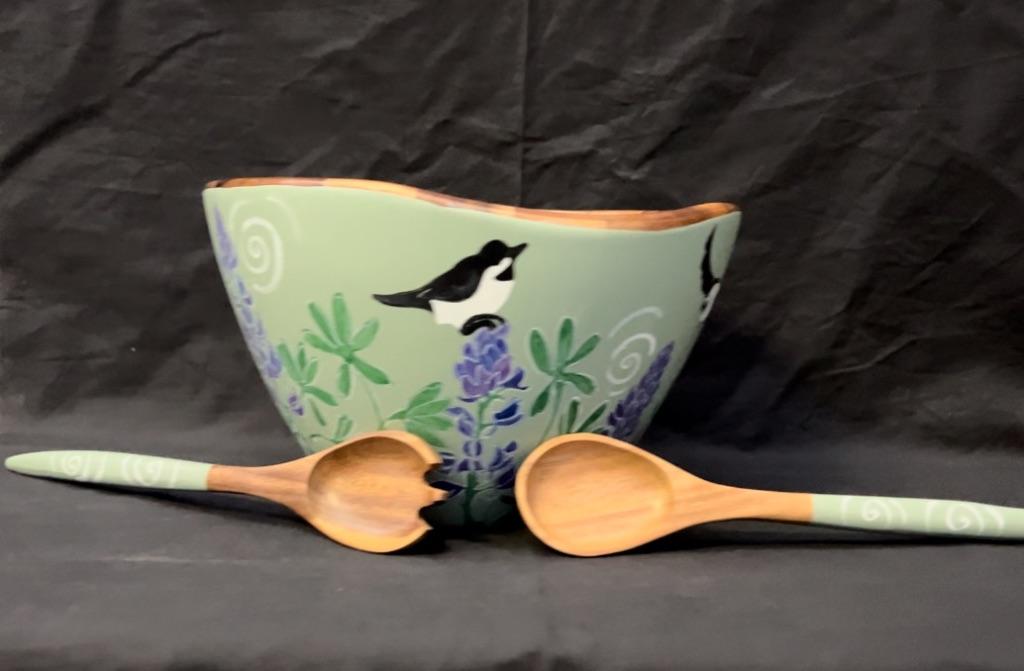 Hand Painted Wooden Bowl and Spoons by Sandee Drabek
