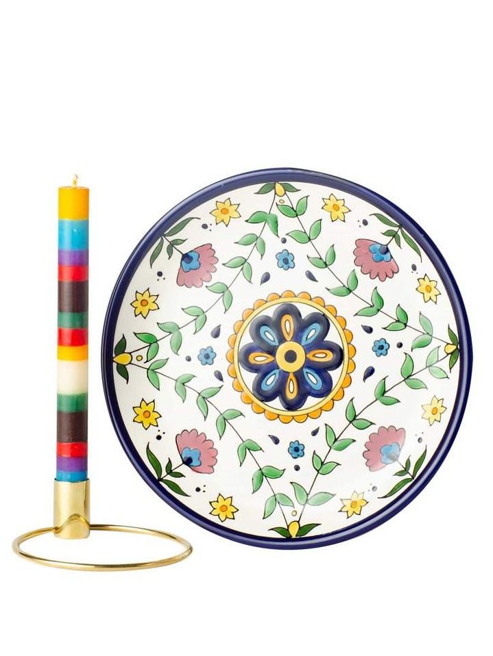 Handpainted Palestinian Plate, South African Candle, and Indian Candle Holder