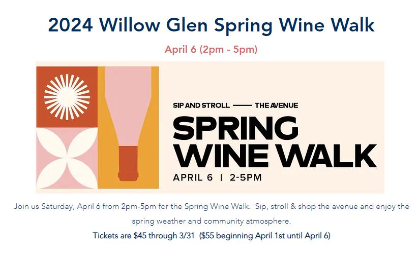 Willow Glen Spring Wine Walk tickets for 4 and a wine basket