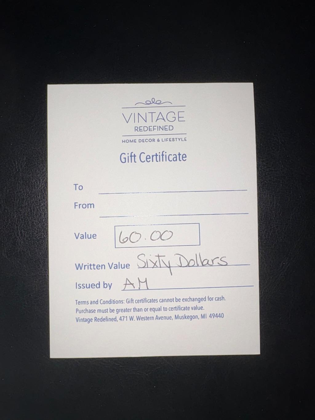 Vintage Redefined $60 Gift Certificate