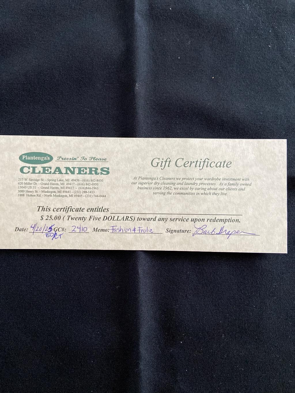 Plantinga's Cleaners $25 Gift Certificate