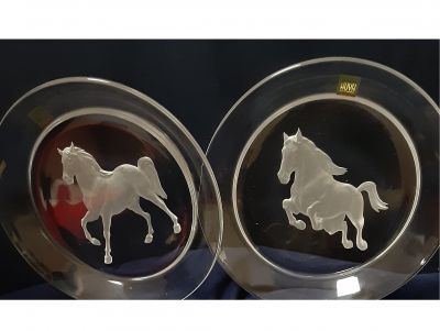 Equestrian Engraved Crystal Plates by Hoya, Tokyo