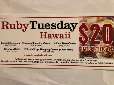 RUBY TUESDAY GIFT CERTIFICATES