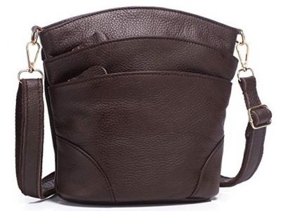 Genuine Leather Dark Brown Multi Pocket Triple Zipper Crossbody Purse