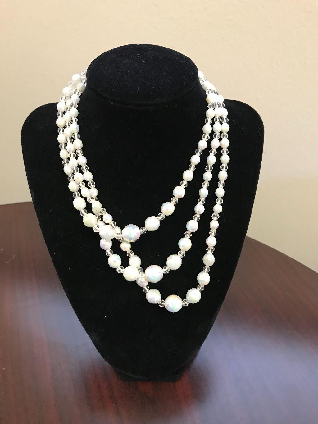 Three Strand White Crystal Necklace