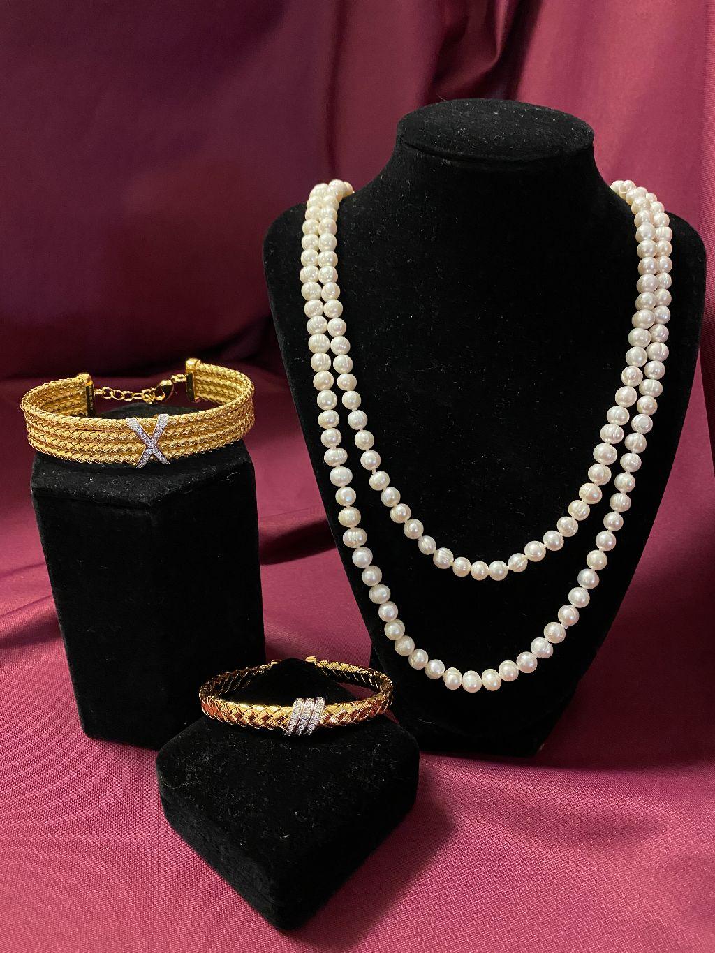 Gold and Diamond Cuff Bracelets with Pearls