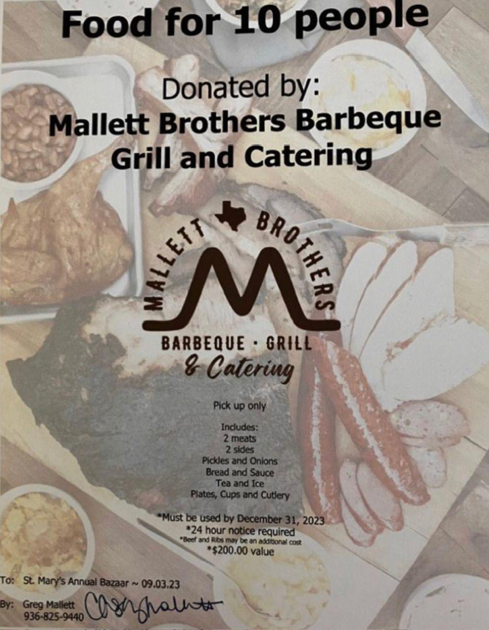 BBQ for 10 from Mallet Brothers BBQ  (Pick Up Packet...