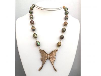 Gorgeous Bronze Luna Moth Necklace with Olive Pearls