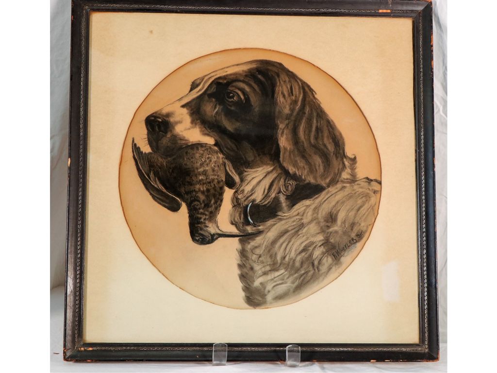 Antique Framed Charcoal Drawing - Dog with Bird