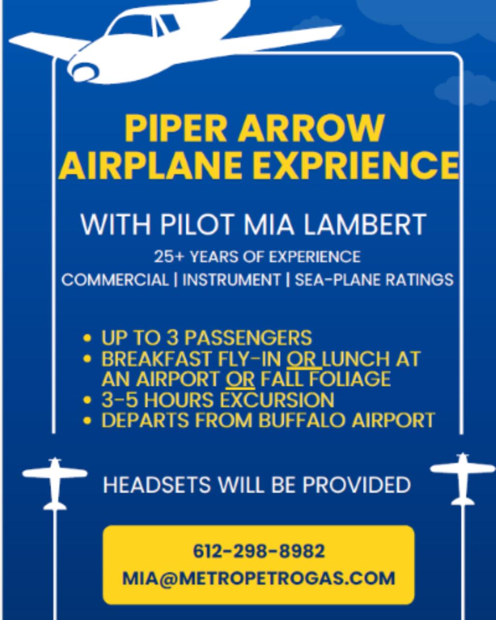 Piper Arrow Airplane Experience with Pilot Mia Lambert