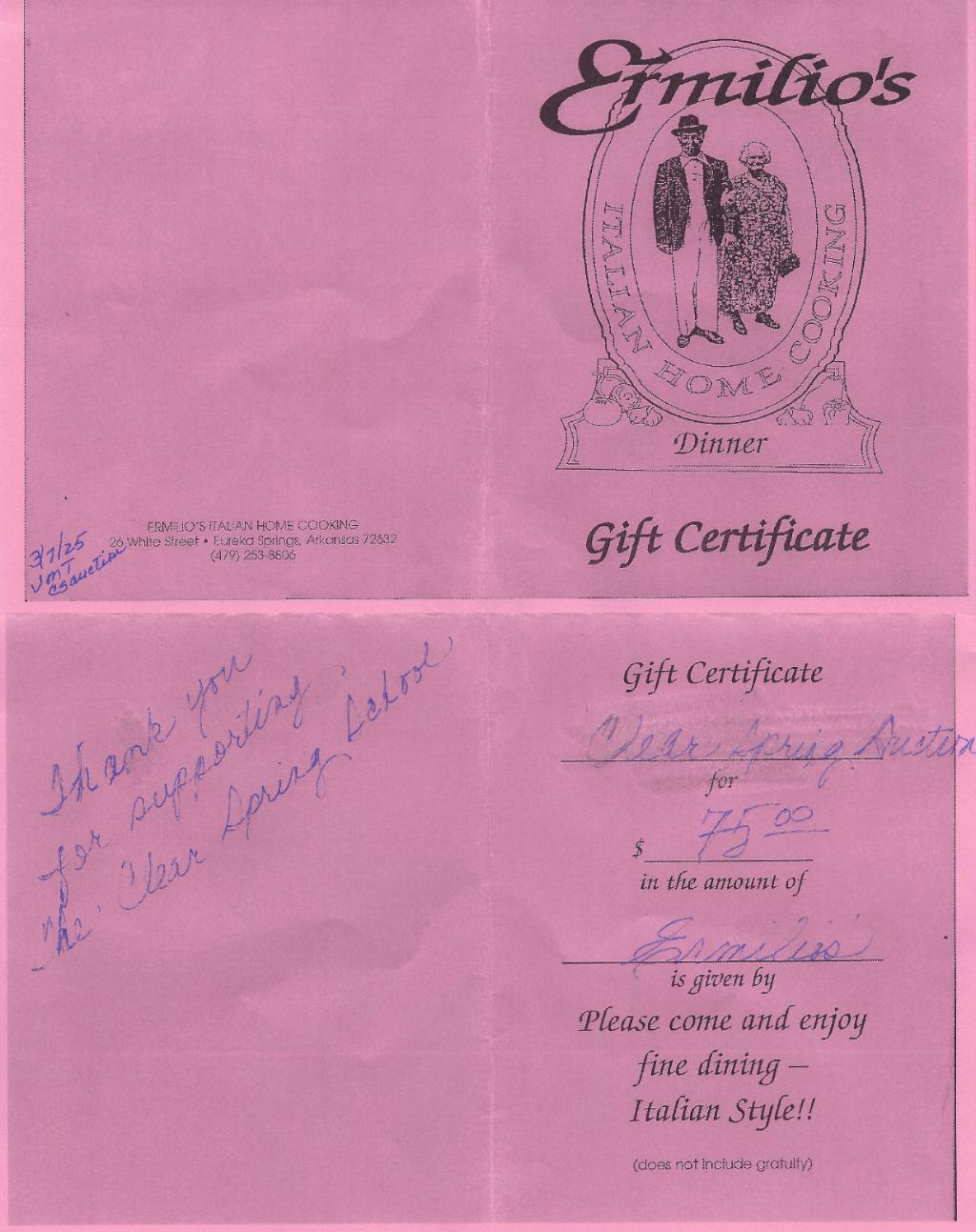 $75 Gift Certificate - Ermilios