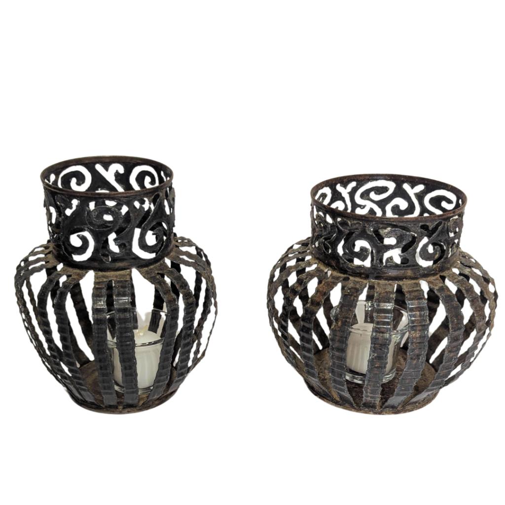 Two Handcrafted Metal Candle Lanterns by Nancy Foggo