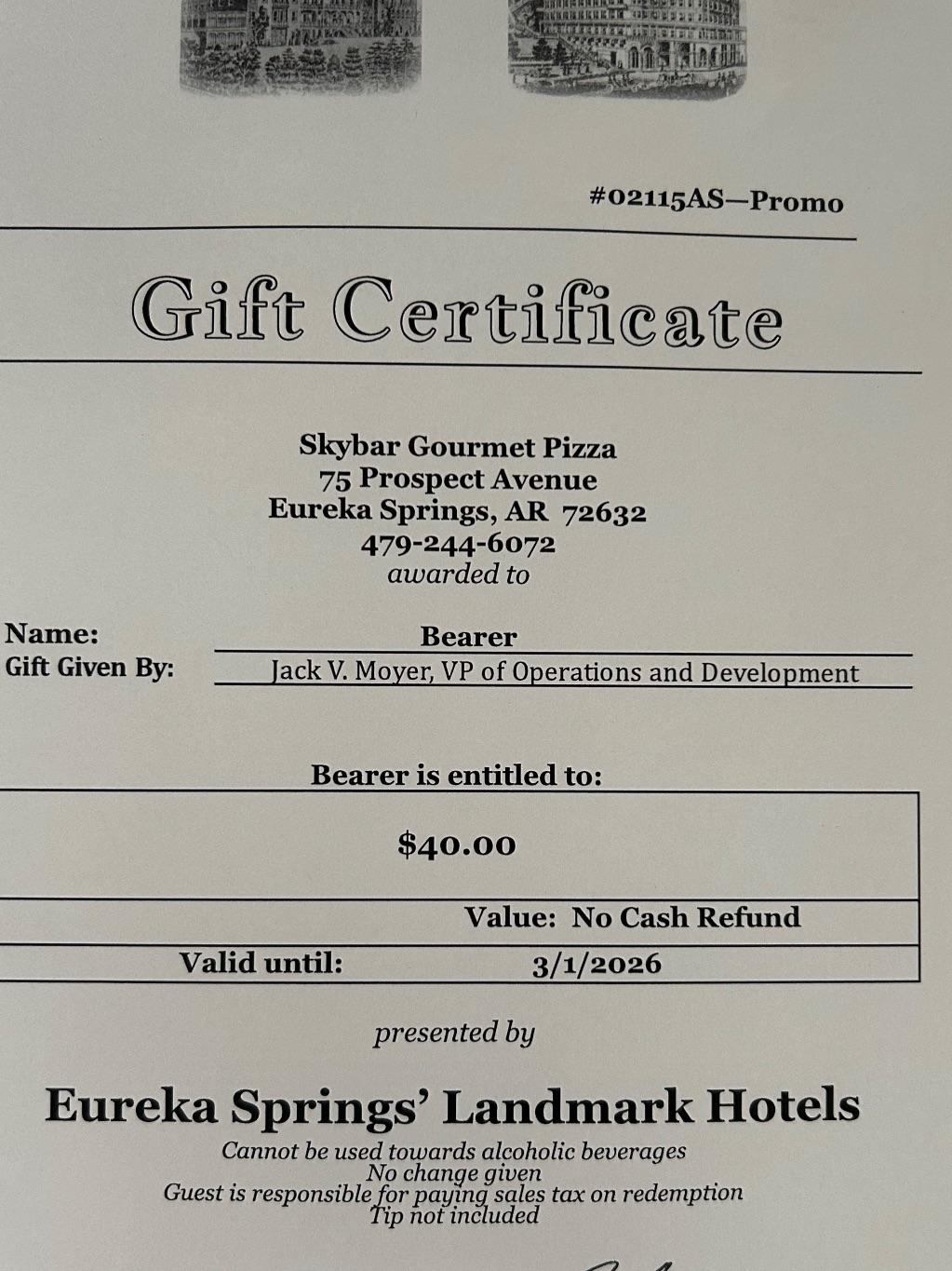 $40 Gift Certificate - Skybar Gourmet Pizza