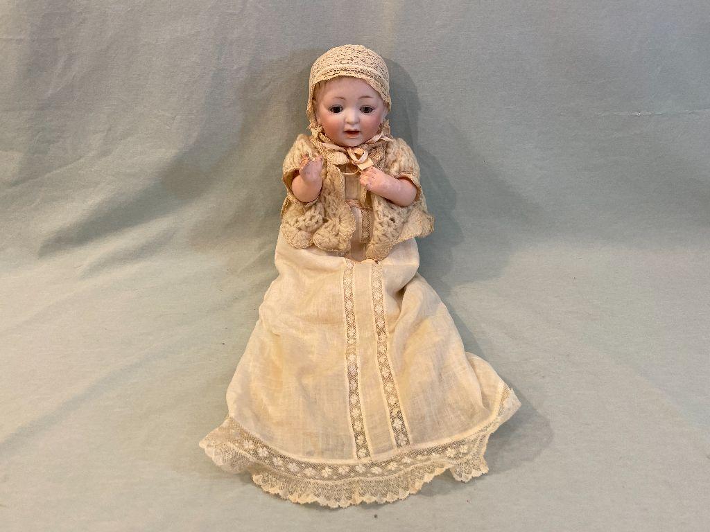 Porcelain Doll with Knit Beige Dress and Cap
