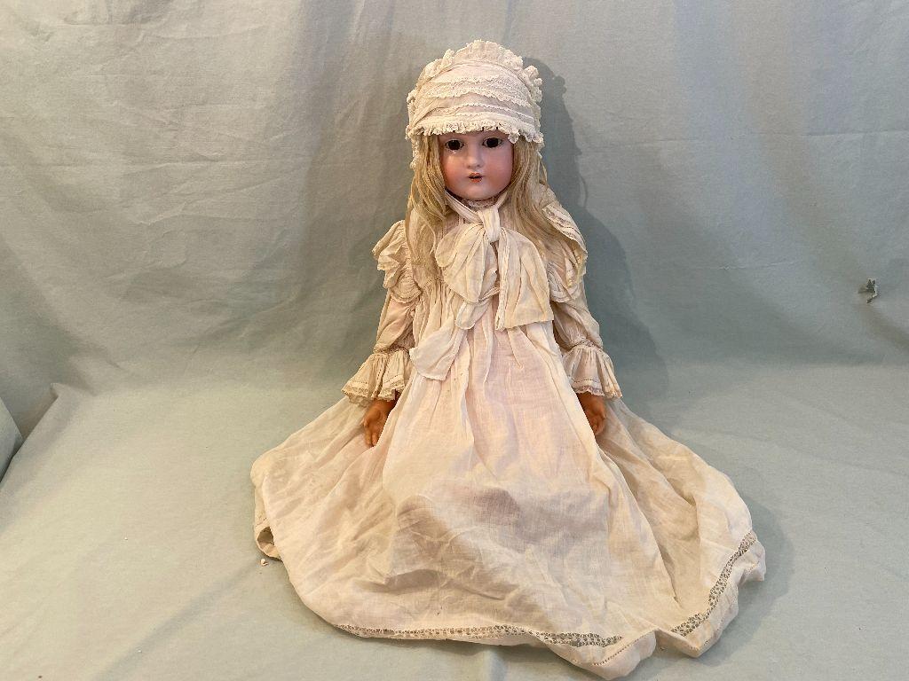 Porcelain Leather Plastic Doll with Beige Lace Dress
