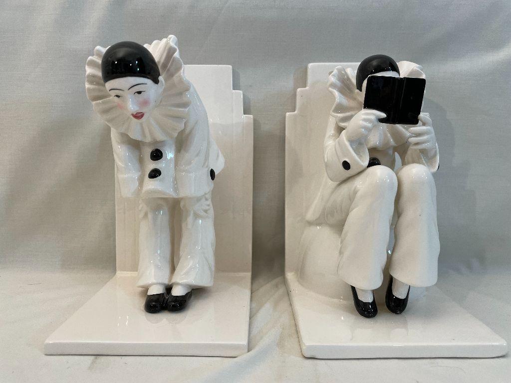 Handpainted Porcelain Harlequin Clowns Bookends