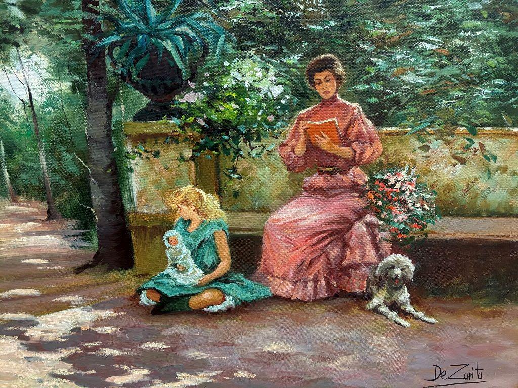 38 x 32 ''Edwardian Woman on a Park Bench with Girl ...