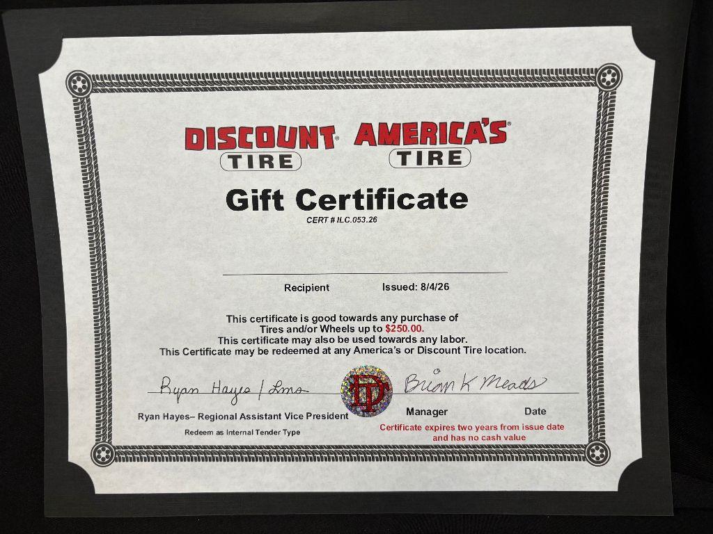 $250 Discount Tire Gift Certificate