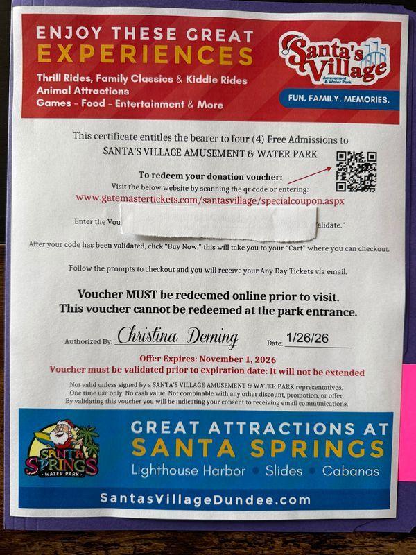 4 admission passes to Santa's Village
