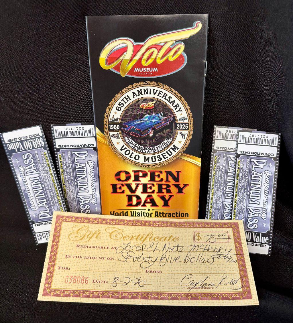 4 Platinum passes to Volo Auto Museum & $75 Taco...
