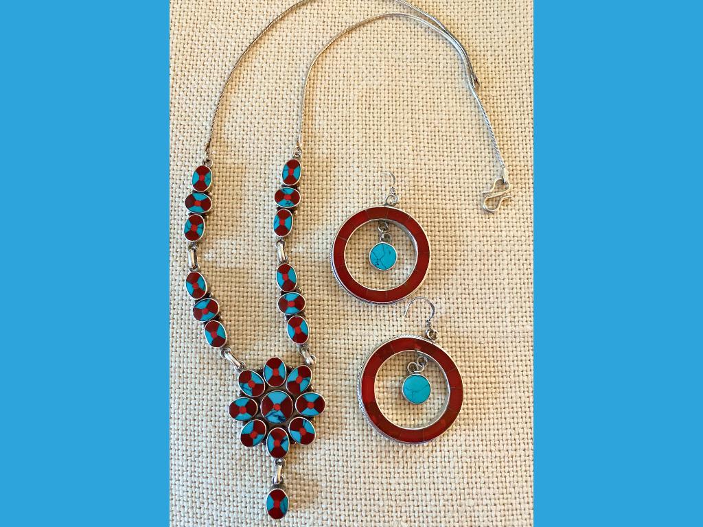Sterling Silver and Turquoise Necklace with Red Acce...