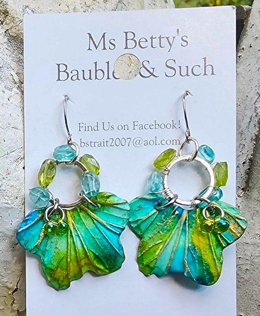 Polymer Blue/Green Leaf Earrings by Ms. Betty's Baub...