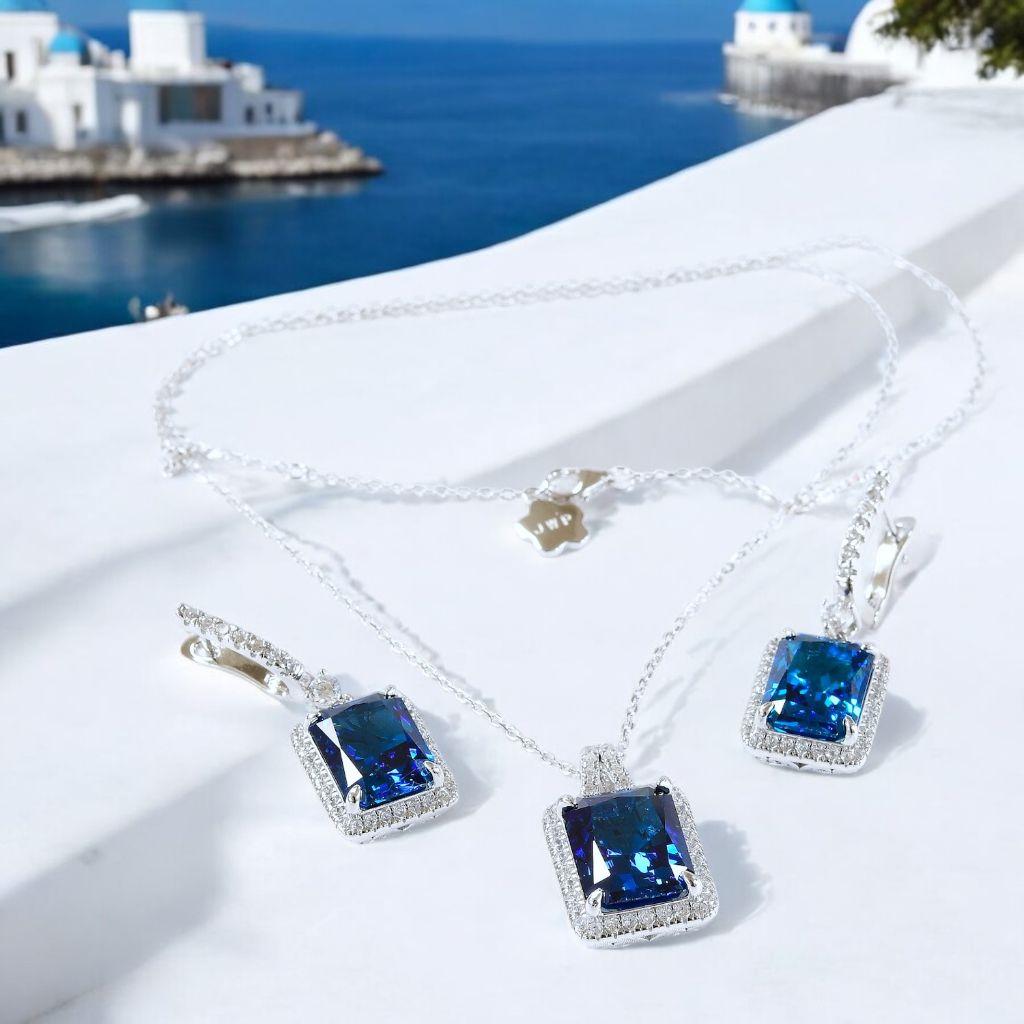 Royal Sapphires Necklace & Earrings Set in White...