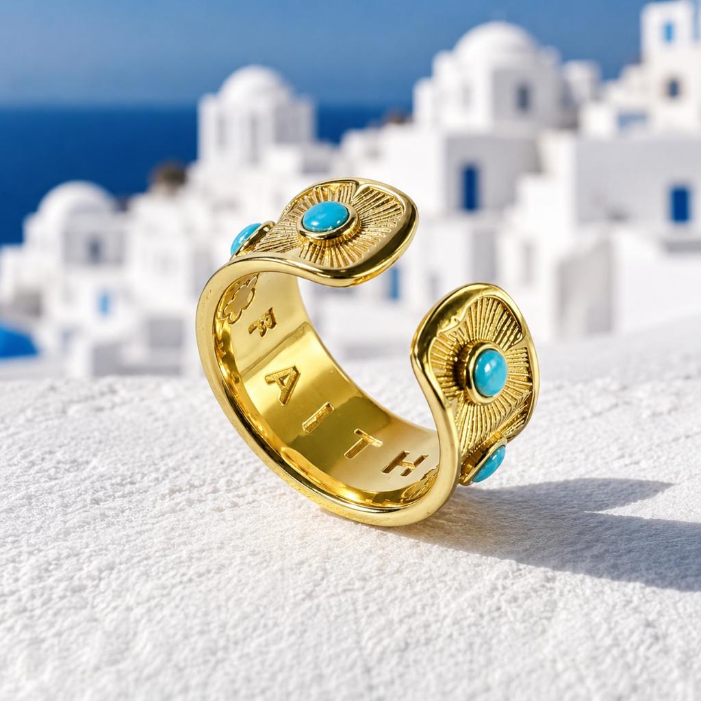 Santorini Faith Ring with Genuine Turquoise - Size 7