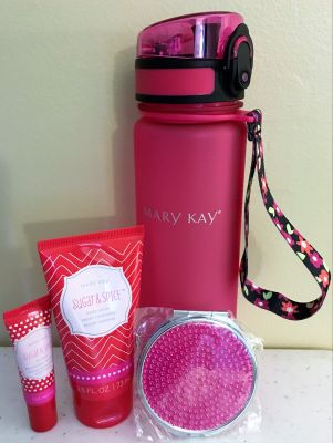 Mary Kay water bottle, Sugar and Spice Gift Set and mirrored compact.