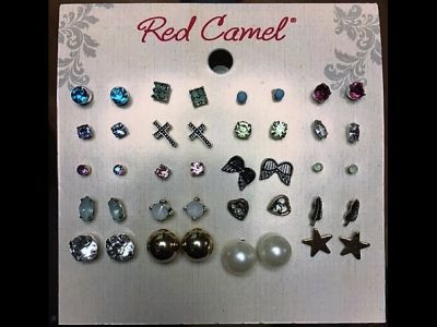 Red Camel set of 20 Slver and Gold-Tone, Crystal and Pearl Stud Earrings Set.