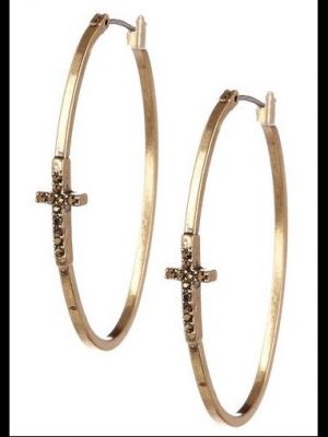 Lucky Brand Vintage Gold-Tone Oblong Hoop Earring with Crystal Cross