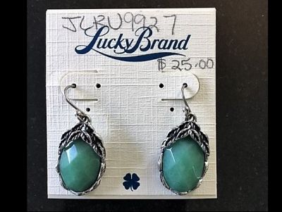 Lucky Brand Antiqued Silver Tone Jade Green Stone Leaf Drop Earrings