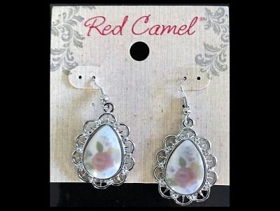 Red Camel Silver-Tone Enamel RoseTeardrop Earrings.
