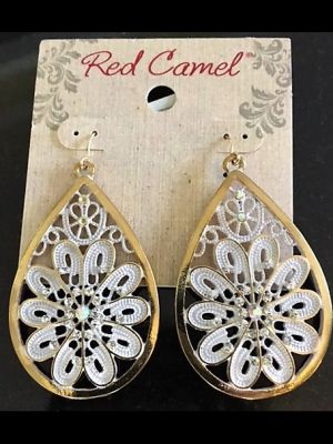 Red Camel Gold Tone and White Enamel Large Tear Drop Earrings