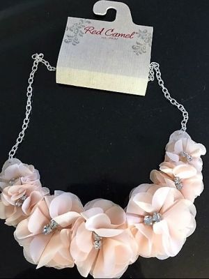 Red Camel Silver-Tone Pink Cloth Flower Statement Necklace.