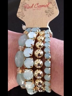 Red Camel Set of 4 Silver and Pale Blue-Green Stretch Bracelets