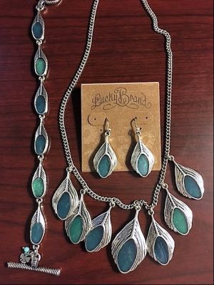 Lucky Brand Silver Peacock Necklace, Bracelet and Earrings Set