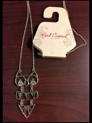 Red Camel Gold Tone Cat Pendant Necklace with Crystal Eyes