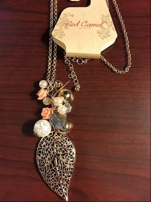 Red Camel Gold Tone Leaf and Bead Cluster Necklace