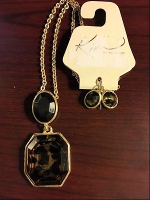 Kim Rogers Black Oval and Animal Colored Octaganal Pendant and Earrings.