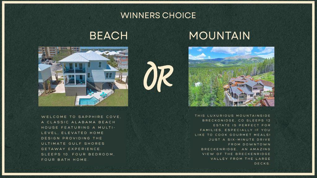Winners Choice: Beach OR Mountain Getaway - 5 Nights...