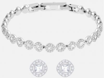 Swarovski Angelic Square Pierced Earrings and Bracelet, White, Rhodium Plated